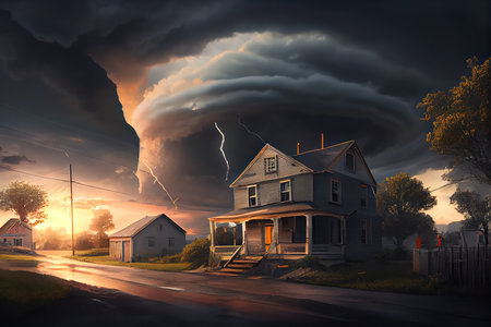 Tornado storm in village. Dramatic Weather. Generative AIの素材