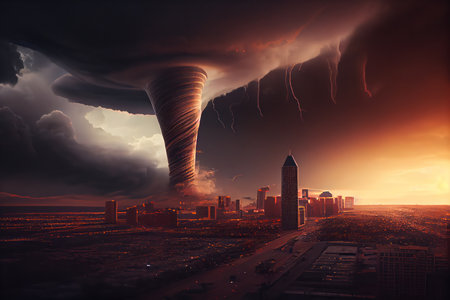 Tornado storm in urban landscape. Dramatic Weather. Generative AIの素材