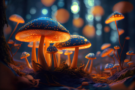 Magical Mushrooms Surrounded by Light in Fantasy Enchanted Fairy Tale Forest. Generative AIの素材