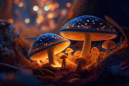 Magical Mushrooms Surrounded by Light in Fantasy Enchanted Fairy Tale Forest. Generative AIの素材