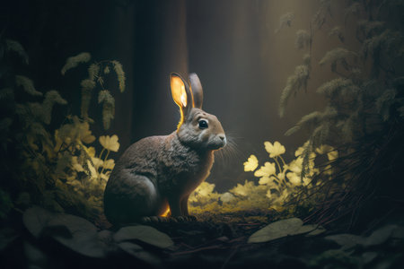 Rabbit in the Forest Surrounded by Trees and Light at Night. Generative AIの素材