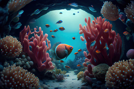 Peaceful scene of underwater word with fish and corals Generative AIの素材
