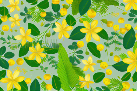 A light green background with yellow flowers and leaves pattern. Generative AIの素材