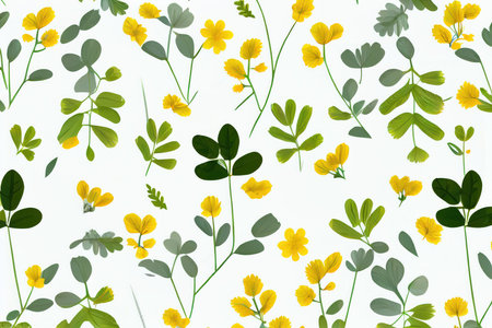 White background with yellow flowers and leaves pattern. Generative AIの素材