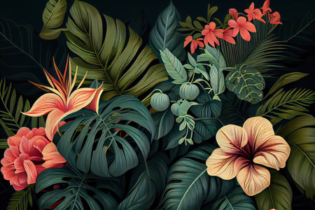 A pattern of tropical leaves and red flowers on a dark green background. Generative AIの素材