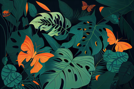 A pattern of tropical leaves and butterflies on a dark green background. Generative AIの素材