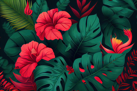 A pattern of tropical leaves and red flowers on a dark green background. Generative AIの素材