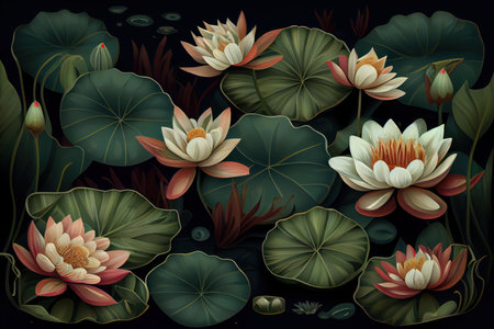 A pattern of water lilies flowers and leaves on a dark green background. Generative AIの素材