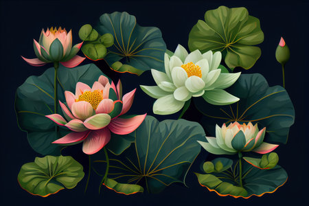 A pattern of water lilies flowers and leaves on a dark green background. Generative AIの素材
