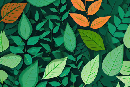 A bunch of green leaves on a black background. Generative AIの素材