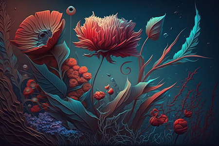 Surreal Illustration of abstract flowers and leaves in warm cold contrast. Generative AIの素材