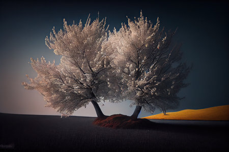Flowering trees in the field with sky in the background. Generative AIの素材