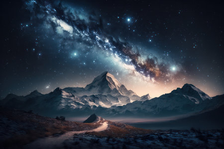 Scenic view of mountain landscape at night with star sky and milky way galaxy. Generative AIの素材
