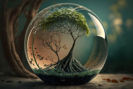 Tree in a crystal ball. Spring concept. Generative AIの素材