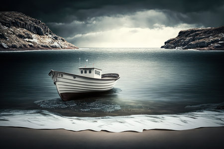 White boat on water. Sea landscape with rocks. Generative AIの素材