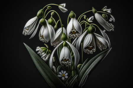 Snowdrops flowers bouquet isolated on black background. Generative AIの素材