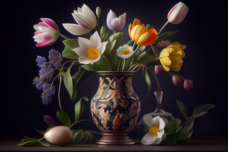 Spring flowers in vase concept on a dark background. Generative AIの素材
