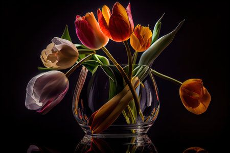 Red and yellow tulips bouquet on a black background. Generative AIの素材