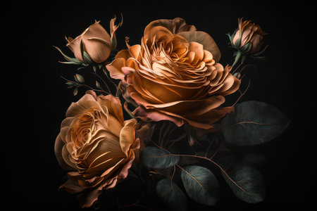 Orange roses bouquet on a black background. Spring Concept. Generative AIの素材
