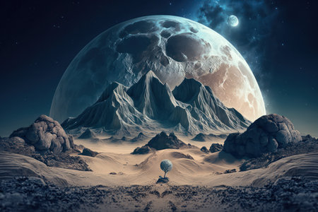 Fantasy landscape with mountains and clouds. Moon rising. Generative AIの素材