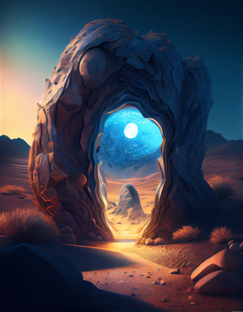 Artistic concept of a desert with an arcade in the middle. Generative AIの素材