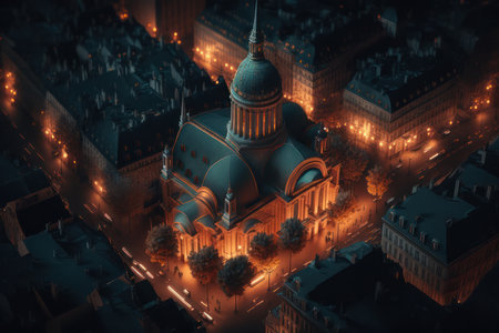 Cathedral in urban landscape at night. Bird eye view. Generative AIの素材
