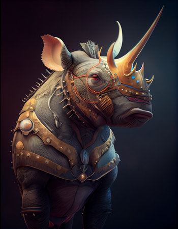 Fantasy Rhino Character Illustration on black background. Generative AIの素材