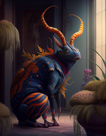 Fictive animal illustration sitting in front of a window. Generative AIの素材