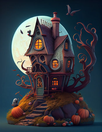 A halloween house sitting on top of a hill under a full moon. Generative AIの素材