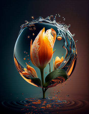 Flower in a drop of water illustration concept.の素材