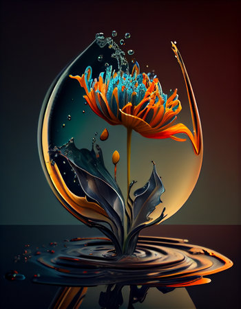 Flower in a drop of water illustration concept.の素材