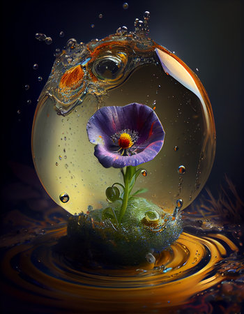 Flower in a drop of water illustration concept.の素材