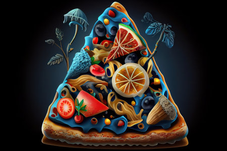 Slice of pizza illustration on black background. Generative AIの素材