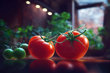 A stunning close-up photograph showcases the striking red color of ripe tomatoes, brilliantly illuminated from above by a light source.の素材