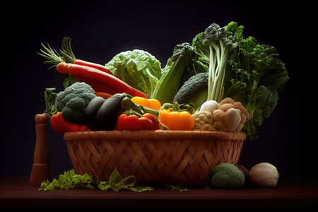 Basket full of vegetables isolated on black background. Generative AIの素材