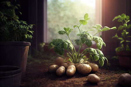 Detailed view of a cluster of potatoes with light coming from above. Generative AIの素材