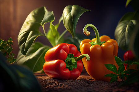 This captivating close-up photograph showcases the vibrant colors of red and yellow peppers in exquisite detail. Illuminated from above, the peppers radiate with a mesmerizing glow that brings out the depth and richness of their hues.の素材