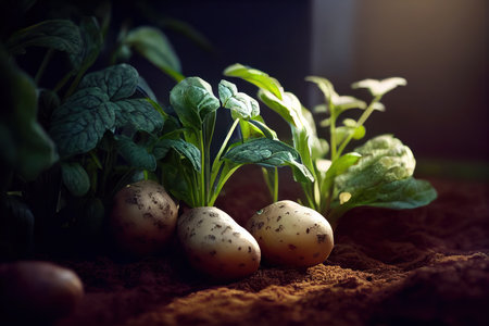 Detailed view of a cluster of potatoes with light coming from above. Generative AIの素材