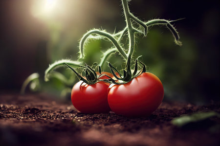 A stunning close-up photograph showcases the striking red color of ripe tomatoes, brilliantly illuminated from above by a light source.の素材