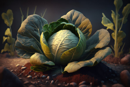 Illustration of a cabbage on the field. Agriculture and farming concept. Generative AIの素材