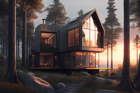 Modern house in the woods surrounded by trees. Generative AIの素材
