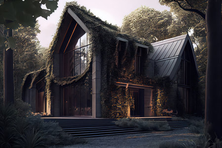 Modern house in the woods covered by ivy surrounded by trees. Generative AIの素材