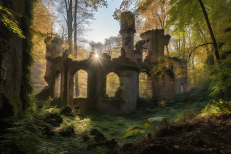 Forest scene with castle ruins Generative AIの素材