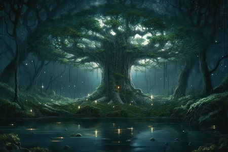 Magic tree in enchanted forest at night. Generative AIの素材