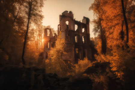 Forest scene with castle ruins Generative AIの素材