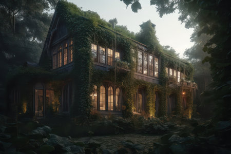 A house in the woods with ivy grown on the house surrounded by trees. Generative AIの素材