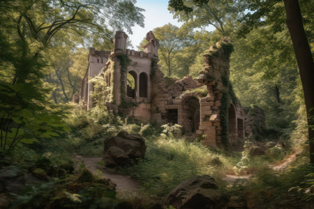 Forest scene with castle ruins Generative AIの素材