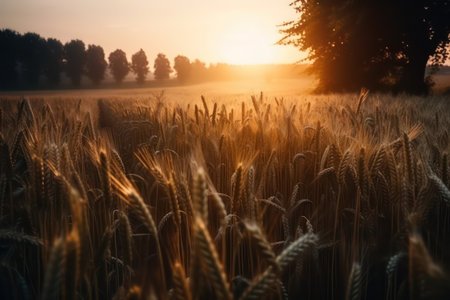 Wheat field in summer at golden hour. Generative AIの素材