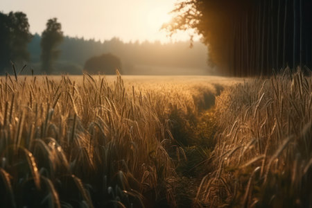 Wheat field in summer at golden hour. Generative AIの素材