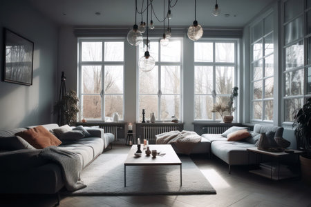 Scandinavian living room interior with big windows. Generative AIの素材